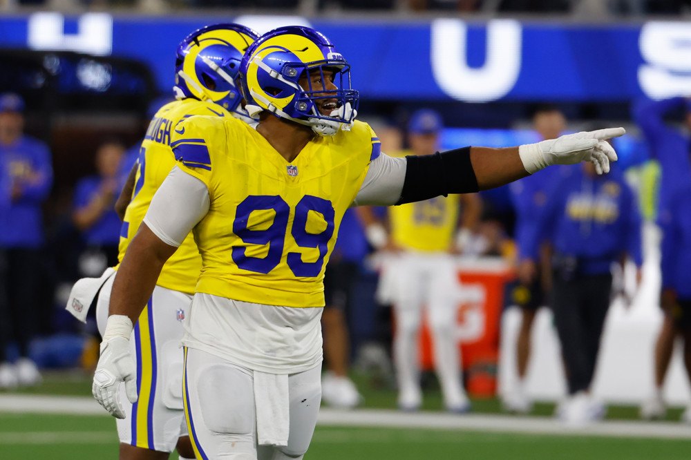 Rams defensive tackle Aaron Donald points downfield during the Rams' Monday night win over the Giants at SoFi Stadium