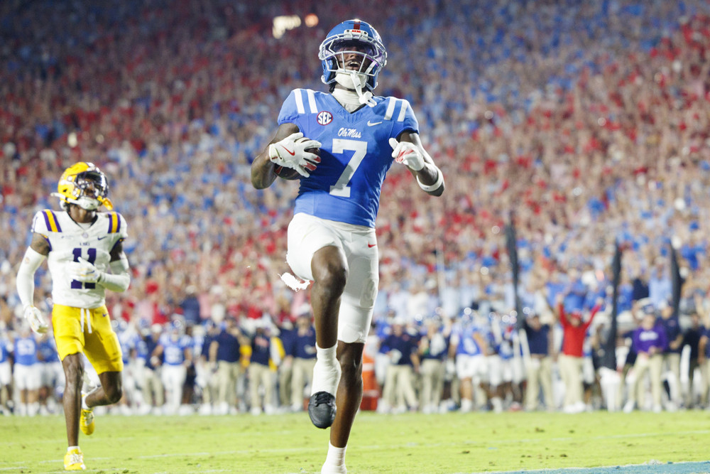 Ole Miss wide receiver Traylon Ray scores a touchdown against LSU at Vaught-Hemingway Stadium